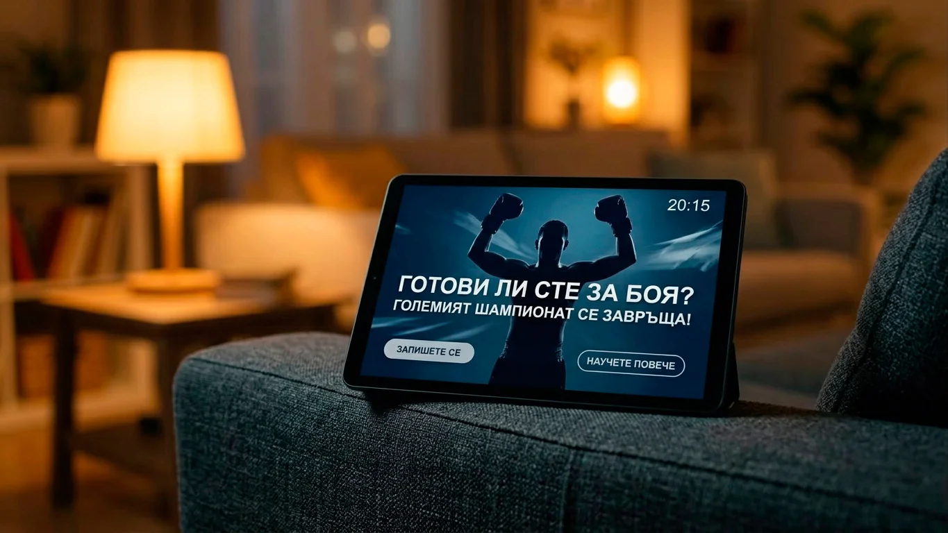 Tаблет с банер за безплатен залог на боксова вечер