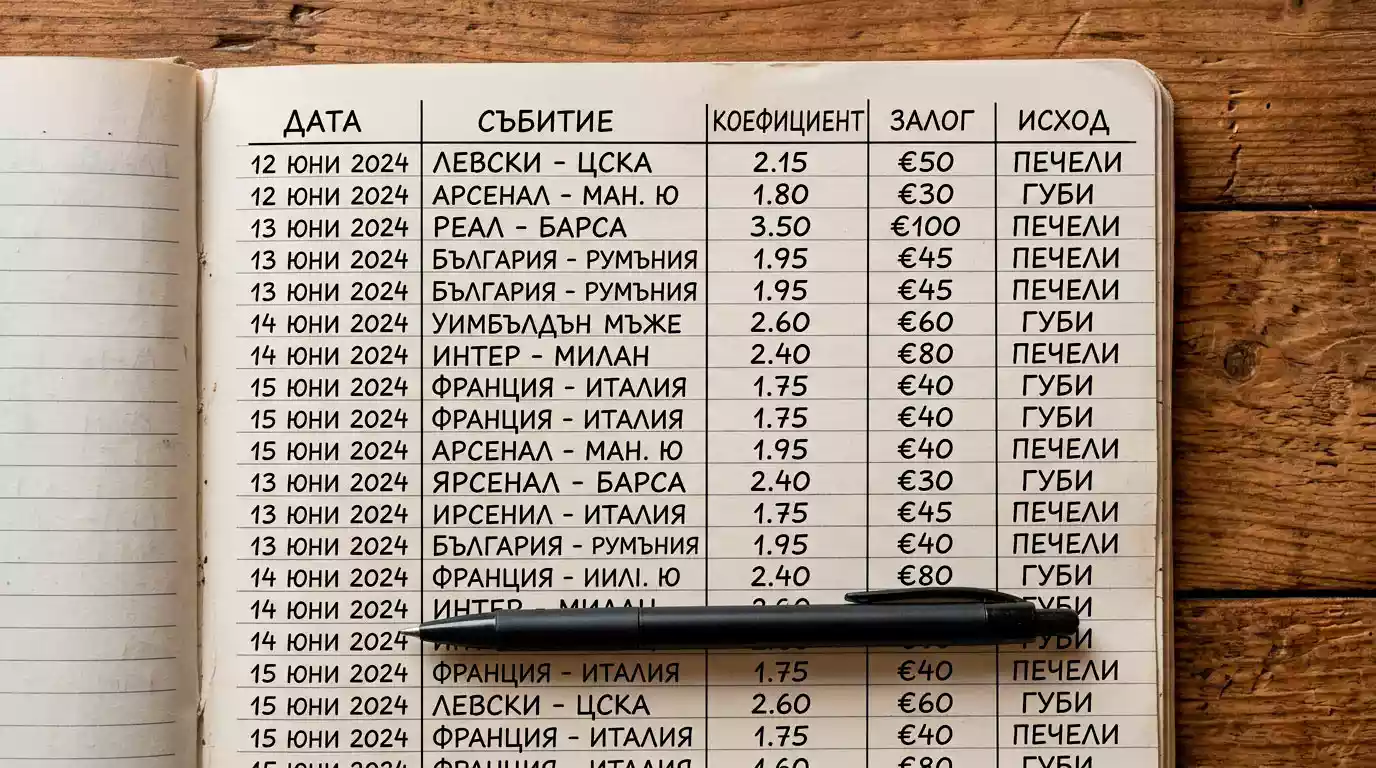 Отворен дневник за залози с дата, мач, коефициент и резултат, изписани ръчно с химикал на бюро