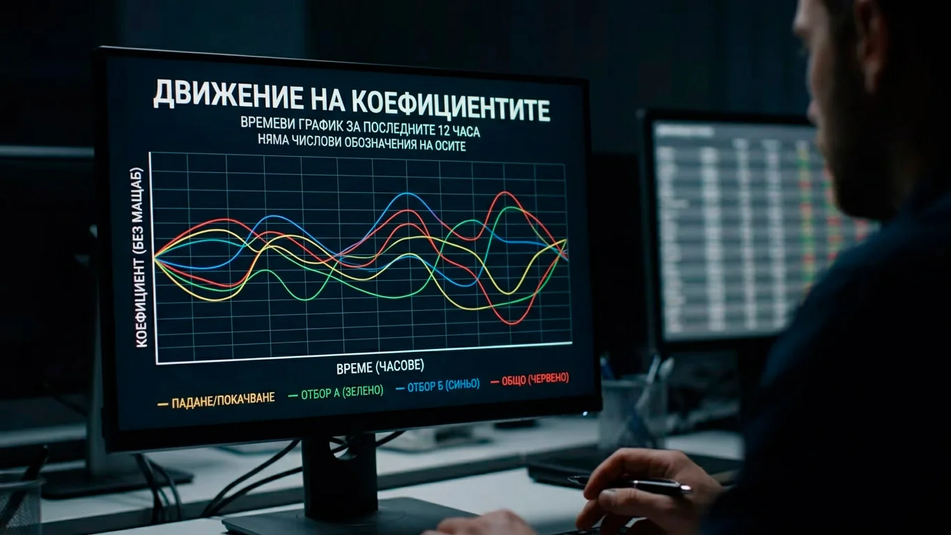 Монитор на трейдър показващ движение на боксови коефициенти във времето с многоцветни линии