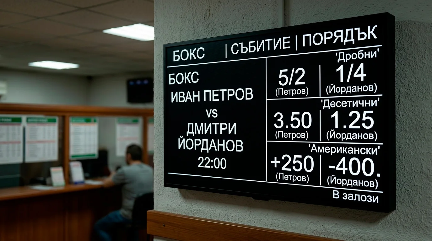 Електронно табло на букмейкър показващо коефициенти за един и същ боксов мач в дробен, десетичен и американски вид