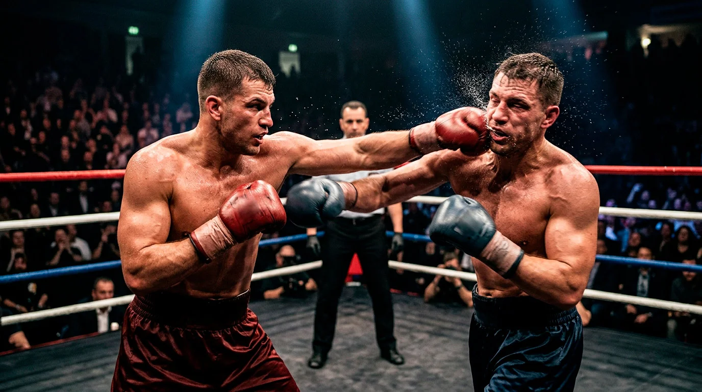 Heavyweight титулярен мач в ринга — двама боксьори в активна размяна
