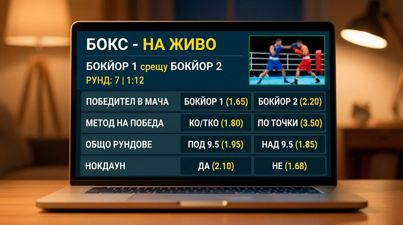 Екран на платформа за уживо залози показващ отворени in-play пазари по време на боксов мач