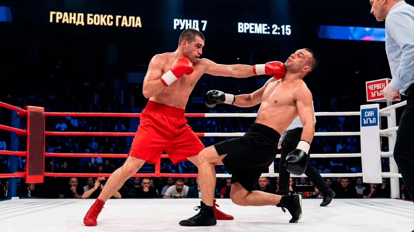 Двойка боксьори в ринга, единият потенциално падащ — knockdown като бинарно събитие