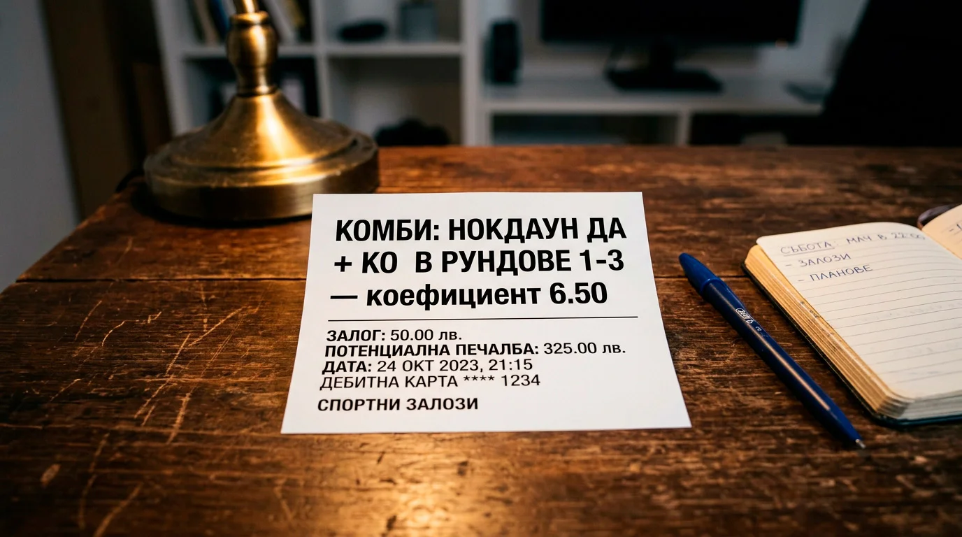 Касова бележка с комбиниран залог knockdown Yes плюс KO в първите три рунда