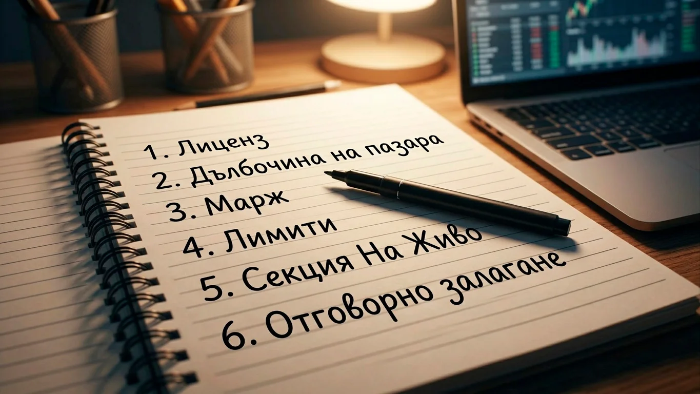 Аналитик отбелязва шест критерия за оценка на букмейкър в отворен бележник с маркер до лаптоп