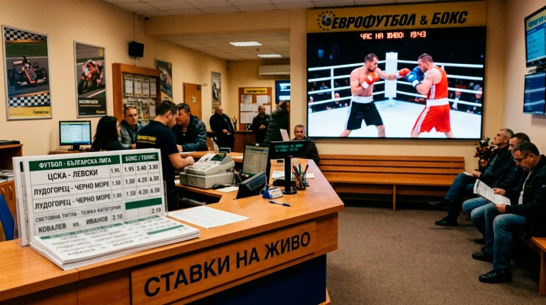 Букмейкърски пункт с боксов мач на големия екран — пространството, в което се формира маржинът