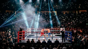 PPV боксов mega-event на голяма арена с пълни трибуни и осветен ринг