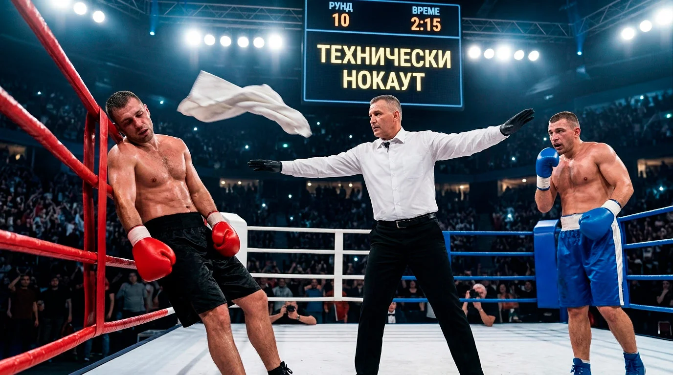 Реферът прекъсва боксовия мач и обявява технически нокаут, докато ъглите хвърлят кърпата