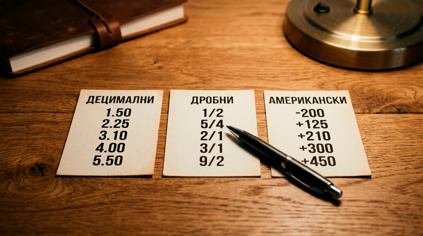 Лист с трите формата на боксови коефициенти — десетичен, дробен и американски — и съответните им формули