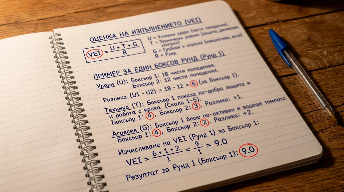 Изписана на лист формула на VEI с пример за изчисление за конкретен рунд