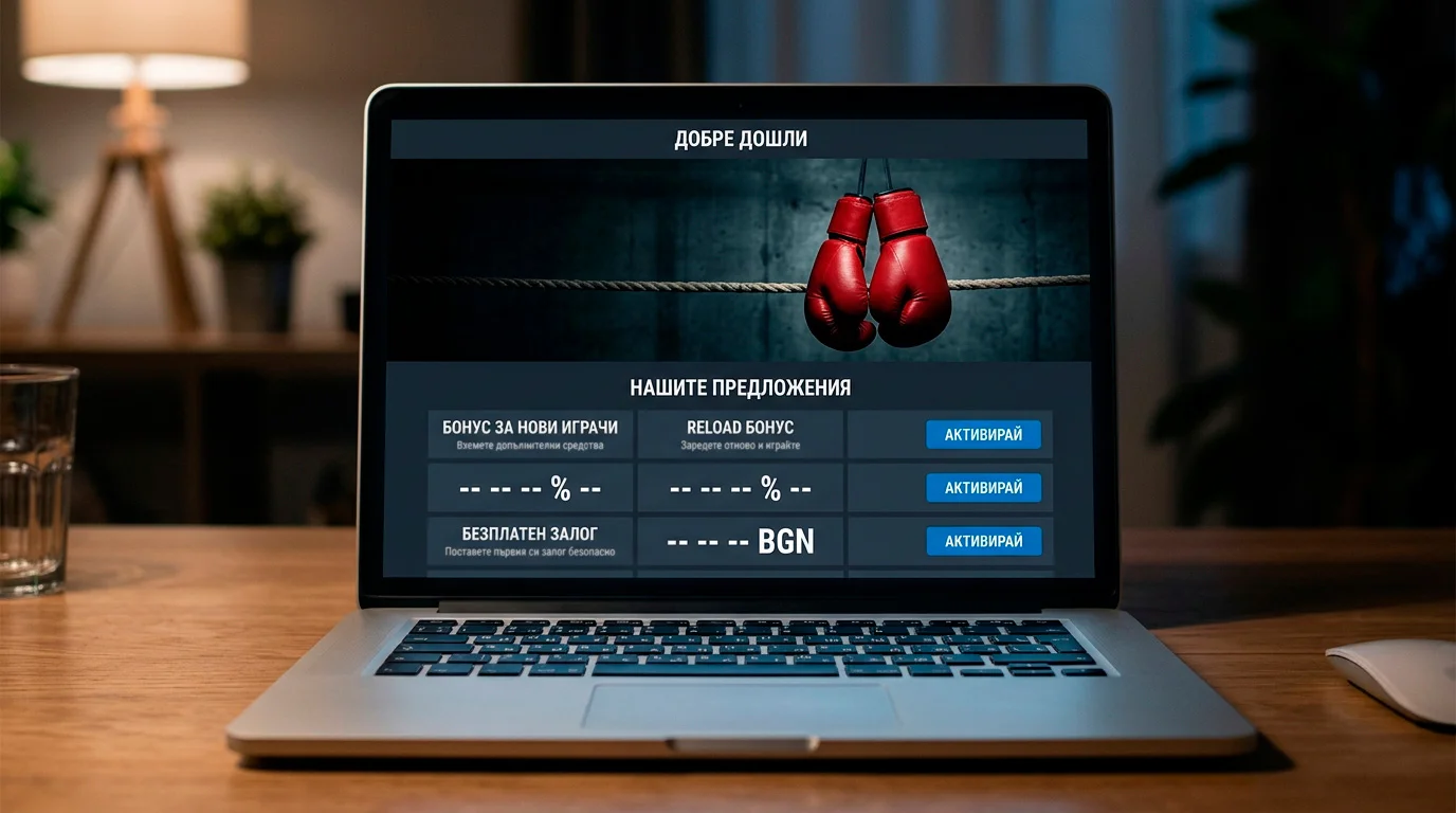 Welcome бонус оферта на екран на лаптоп с разяснителен текст
